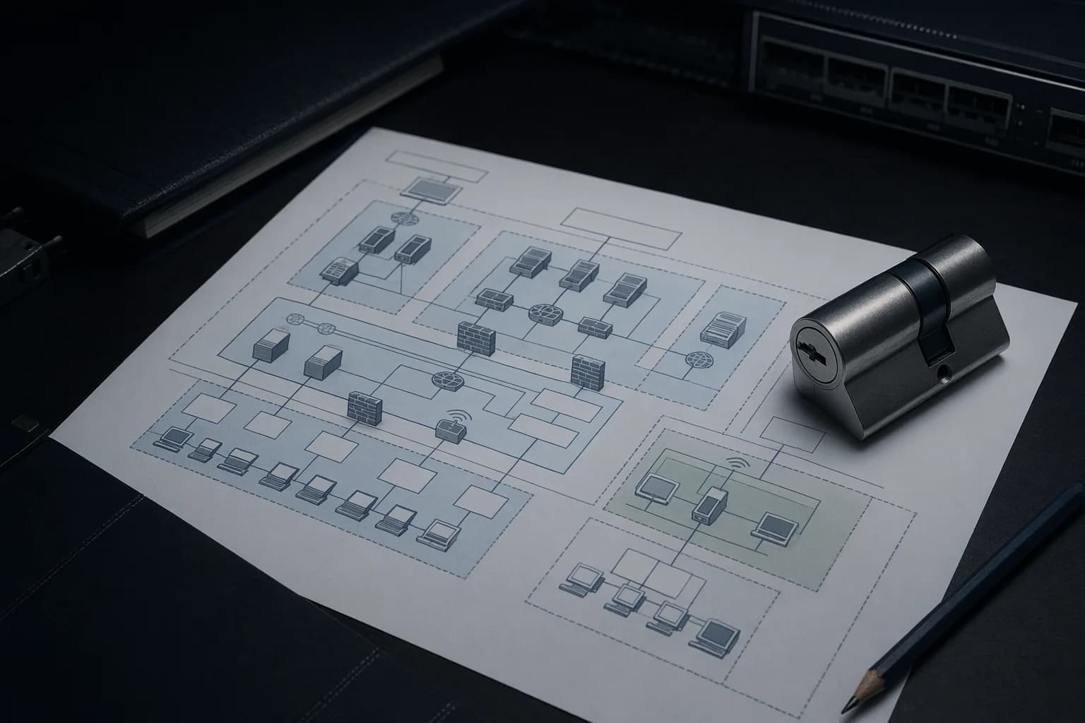 Mesa de revisión de arquitectura segura con plano de segmentación y hardware de cierre