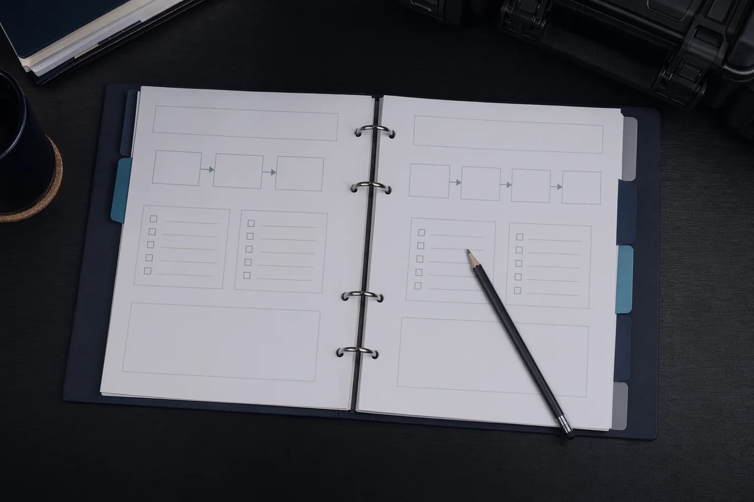 Runbook de implementación con bloques de proceso en blanco y pestañas de entrega